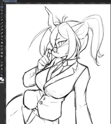 Size: 1311x1459 | Tagged: safe, artist:cirtierest, derpibooru import, queen chrysalis, anthro, changeling, changeling queen, g4, art program in frame, black and white, clothes, female, glasses, grayscale, image, jpeg, looking at you, monochrome, necktie, sketch, solo, suit