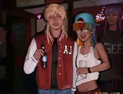 Size: 1284x979 | Tagged: safe, artist:nuttysc0re, derpibooru import, applejack, rainbow dash, twilight sparkle, human, g4, alcohol, beer, clothes, drink, ear piercing, earring, female, glasses, human coloration, humanized, image, jewelry, jpeg, lip piercing, moderate dark skin, necklace, photo, piercing, snake bites, tanktop, trio