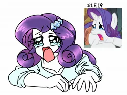 Size: 2000x1500 | Tagged: safe, artist:quick_fixers, derpibooru import, screencap, rarity, human, pony, unicorn, a dog and pony show, equestria girls, g4, season 1, blue eyes, crying, equestria girls interpretation, female, horn, image, jpeg, mare, marshmelodrama, my little pony, open mouth, purple hair, purple mane, rarity being rarity, scene interpretation, screencap reference, simple background, solo, white background, white coat