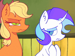 Size: 1440x1080 | Tagged: safe, artist:yestermaisyy, derpibooru import, applejack, rarity, earth pony, pony, unicorn, g4, animated, apple, applejack's hat, cowboy hat, curved horn, duo, female, food, hat, horn, image, lesbian, rarijack, shipping, sound, webm