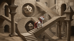 Size: 1280x720 | Tagged: safe, ai generated, generator:google omni, prompter:iwtcipp, oc, oc:pipette, unofficial characters only, earth pony, pony, animated, butt, cloud, day, earth pony oc, female, fire, full moon, image, looking up, m. c. escher, mare, moon, night, night sky, photorealistic, pillar, plot, realistic, rear view, relativity, sand, sky, smiling, solo, sound, stairs, standing, starry sky, stars, torch, video, walking, webm