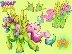 Size: 1200x900 | Tagged: safe, derpibooru import, oc, oc:sugar rush, unofficial characters only, alicorn, alicorn oc, candy, candy in hair, cutie mark, food, green background, green coat, hooves, horn, image, jpeg, pink eyes, pink mane, reference sheet, simple background, solo, swirly eyes, teal sclera, wings