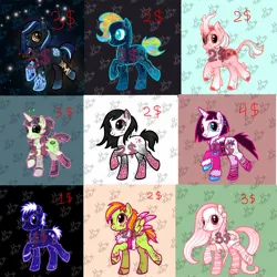 Size: 1200x1200 | Tagged: safe, artist:kanefod, derpibooru import, oc, unofficial characters only, earth pony, kirin, pegasus, pony, unicorn, adoptable, earth pony oc, for sale, horn, image, jpeg, kirin oc, pegasus oc, price, unicorn oc
