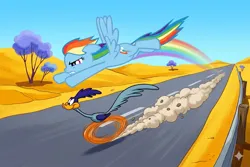 Size: 1264x843 | Tagged: safe, artist:jemnightblade, derpibooru import, rainbow dash, bird, pegasus, pony, roadrunner, g4, closed mouth, crossover, cute, dashabetes, desert, duo, duo male and female, dust, dust cloud, female, flying, frown, google gemini, greater roadrunner, gritted teeth, highway, image, looney tunes, male, mare, merrie melodies, outdoors, png, race, rainbow trail, road, road runner, running, smiling, teeth, varying degrees of want