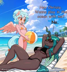 Size: 1034x1109 | Tagged: safe, ai content, derpibooru import, editor:dordrago, prompter:dordrago, cozy glow, queen chrysalis, anthro, changeling, changeling queen, pegasus, g4, ai composition, annoyed, arm behind head, beach, beach ball, beach chair, belly, belly button, bikini, black bikini, black swimsuit, breasts, busty queen chrysalis, chair, clothes, cloud, curly mane, dialogue, duo, duo female, female, frown, happy, horn, image, jagged horn, jpeg, ocean, orange bikini, outdoors, palm tree, sand, sky, smiling, stupid sexy chrysalis, sunbathing, sunglasses, swimsuit, tail, teenager, tree, water, wings