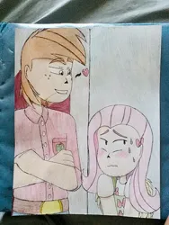 Size: 768x1024 | Tagged: safe, artist:autumchie, derpibooru import, big mcintosh, fluttershy, human, g4, blushing, crossed arms, duo, duo male and female, female, fluttermac, heart, height difference, human coloration, humanized, image, jpeg, light skin, male, nervous sweat, shipping, smiling, straight, traditional art