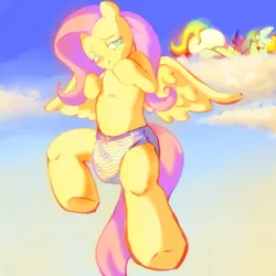 Size: 2000x2000 | Tagged: artist needed, suggestive, derpibooru import, fluttershy, rainbow dash, pegasus, pony, g4, abdl, cloud, diaper, diaper fetish, female, fetish, image, jpeg, mare, non-baby in diaper, sky, sunlight