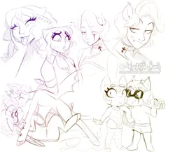 Size: 1915x1666 | Tagged: safe, artist:kutapikakun, derpibooru import, oc, oc:dusky nights, oc:holly bibble, unofficial characters only, alicorn, angel pony, bat pony, demon, human, original species, pony, ..., alicorn oc, amputee, angel, bandana, barefoot, bat pony oc, bedroom eyes, belly, belly button, boob window, braces, breasts, clothes, clothes swap, coconut cup, commission, crossdressing, dress, duo, duo male and female, eared humanization, eye scar, eyes on the prize, facial scar, fangs, feet, female, flirting, glasses, goggles, halo, heart, heart eyes, horn, humanized, humanized oc, image, looking at each other, looking at someone, male, mare, oc x oc, one-piece swimsuit, open mouth, png, prosthetic leg, prosthetic limb, prosthetics, scar, shipping, shirt, shorts, sketch, sketch dump, stallion, straight, sunglasses, sweat, swimming goggles, swimming trunks, swimsuit, tail, tailed humanization, tattoo, tongue out, unshorn fetlocks, wall of tags, watermark, wingding eyes, wings
