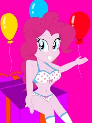 Size: 828x1104 | Tagged: suggestive, artist:cameronausti, derpibooru import, pinkie pie, human, equestria girls, g4, balloon, bikini, birthday, bra, clothes, image, jpeg, pink background, pinup, simple background, smiling, solo, swimsuit, underwear