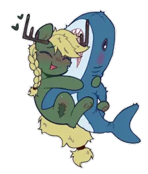 Size: 730x857 | Tagged: safe, artist:flixanoa, derpibooru import, oc, unofficial characters only, pony, shark, antlers, braid, commission, female, floating heart, heart, image, mare, open mouth, open smile, plushie, png, shark plushie, simple background, smiling, solo, transparent background, ych result