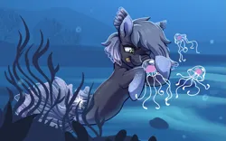 Size: 1361x851 | Tagged: safe, artist:tigra0118, derpibooru import, oc, unofficial characters only, jellyfish, merpony, sea pony, cheek squish, digital art, female, gradient legs, image, one eye closed, png, solo, squishy cheeks, tongue out, underwater, water