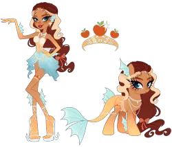 Size: 3252x2787 | Tagged: safe, artist:gihhbloonde, derpibooru import, applejack, equestria girls, g4, apple, baby hairs, bow, braid, chain, clothes, crown, cutie mark, fin ears, fins, food, hair bow, high heels, idol, image, jewelry, katseye, manon (katseye), monster high, pearl, png, regalia, scales, sea monster, seashell, shoes, simple background, siren tail, sparkles, transparent background