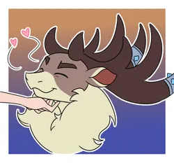 Size: 1224x1139 | Tagged: safe, artist:redahfuhrerking, derpibooru import, deer, reindeer, them's fightin' herds, bust, chin scratch, community related, eyes closed, hand, image, outline, png, smiling, solo focus, stronghoof hoofstrong (tfh), white outline