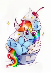 Size: 1695x2430 | Tagged: safe, artist:liaaqila, derpibooru import, rainbow dash, pegasus, pony, g4, cherry, cupcake, cute, dashabetes, female, food, image, jpeg, liaaqila is trying to murder us, mare, simple background, solo, sprinkles, traditional art, white background