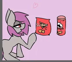 Size: 870x749 | Tagged: safe, artist:fluor1te, derpibooru import, oc, oc:fluorite, unofficial characters only, pony, bedroom eyes, chips, doodle, doritos, drawpile, eyeshadow, female, food, gray coat, happy, heart, image, makeup, mare, missing cutie mark, open mouth, png, potato chips, pringles, purple mane, reaching, red eyes, side view, simple background, sketch, snacks, solo