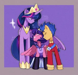 Size: 2048x1955 | Tagged: safe, artist:c4rolzitas, derpibooru import, flash sentry, princess twilight 2.0, twilight sparkle, twilight sparkle (alicorn), oc, alicorn, pegasus, pony, g4, the last problem, family, female, flashlight, image, jpeg, male, mare, offspring, older, older twilight, older twilight sparkle (alicorn), parent:flash sentry, parent:twilight sparkle, parents:flashlight, shipping, stallion, straight, trio