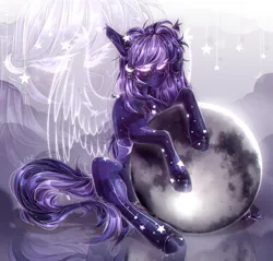Size: 2140x2050 | Tagged: safe, artist:krembosha_krabi_13, derpibooru import, oc, unofficial characters only, earth pony, pony, female, full moon, hairclip, image, looking at you, mare, moon, png, smiling, smiling at you, solo, tangible heavenly object, zoom layer