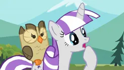 Size: 1280x720 | Tagged: safe, artist:ebotizer, screencap, owlowiscious, twilight velvet, bird, owl, pony, unicorn, may the best pet win, image, jpeg, pet