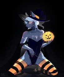 Size: 3136x3802 | Tagged: suggestive, artist:bambudess, derpibooru import, oc, unofficial characters only, anthro, unicorn, breasts, choker, cleavage, clothes, female, halloween, hat, holiday, horn, image, jack-o-lantern, kneeling, legwear, leotard, looking at you, png, pumpkin, smiling, smiling at you, socks, solo, solo female, striped socks, thigh highs, witch hat