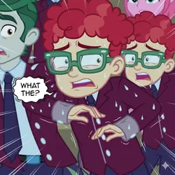 Size: 1024x1024 | Tagged: safe, ai generated, generator:gemini, marco dafoy, pepper twist, human, equestria girls, friendship games, background human, clone, clone:twisto, clothes, confused, crystal prep academy, crystal prep academy students, crystal prep academy uniform, dialogue, duo, image, low effort, male, nervous, png, scared, school uniform, sweat, sweating profusely, weird, wtf