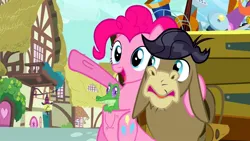 Size: 1280x720 | Tagged: safe, artist:ebotizer, screencap, cranky doodle donkey, gummy, pinkamena diane pie, pinkie pie, alligator, donkey, earth pony, kangaroo, pony, a friend in deed, image, jpeg, pet, pouch