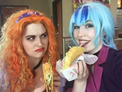 Size: 1280x960 | Tagged: safe, artist:littlemissbloo, artist:shelbeanie, derpibooru import, adagio dazzle, sonata dusk, human, equestria girls, g4, 2017, adagio dazzle is not amused, blue eyeshadow, blue hair, choker, clothes, cosplay, costume, duo, duo female, everfree northwest, everfree northwest 2017, eyeshadow, female, fingerless gloves, food, gem, gloves, highlights, image, irl, irl human, jewelry, jpeg, lipstick, makeup, necklace, orange hair, photo, real life background, siren gem, sonataco, spiked headband, taco, taco bell, taco tuesday, that siren sure does love tacos, unamused, wig