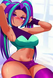Size: 2817x4096 | Tagged: suggestive, artist:shi0nart, derpibooru import, aria blaze, human, equestria girls, g4, angry, armpits, belly, belly button, blushing, breasts, busty aria blaze, human coloration, image, jpeg, solo, thighs