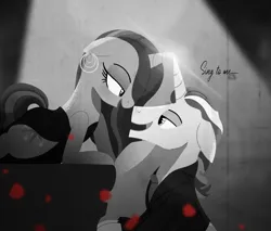 Size: 5340x4550 | Tagged: safe, artist:bearmation, derpibooru import, flim, twilight sparkle, pony, unicorn, g4, 2021, absurd resolution, alternate hairstyle, black and white, boop, ear piercing, earring, female, floppy ears, grayscale, horn, horns are touching, image, jewelry, lidded eyes, looking at each other, looking at someone, looking into each others eyes, male, mare, monochrome, neo noir, noir, noseboop, open mouth, partial color, piercing, png, ship:twiflim, shipping, stallion, straight, unicorn twilight