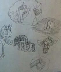 Size: 720x854 | Tagged: safe, artist:lunashy21, ponerpics import, ponybooru import, princess cadance, princess flurry heart, oc, oc:nyx, pony oc, alicorn, pony, season 6, the crystalling, alicorn oc, blizzard, crystal empire, crystal heart, crystal palace, female, female focus, female oc, females only, filly oc, folded wings, image, jpeg, looking at each other, looking down, looking down at family member, memories, memory bubble, monochrome, snow, snowfall, solo focus, soundwave, sour scene, spread wings, traditional art, trio, trio female, wing around back, wing around shoulder, wings