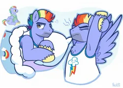 Size: 2048x1469 | Tagged: safe, artist:awessomest29761, derpibooru import, bow hothoof, pegasus, pony, g4, blanket, facial hair, image, jpeg, male, my little pony, pillow, simple background, sleepy, solo, spread wings, stallion, stretching, white background, wings