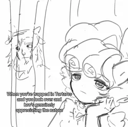 Size: 1357x1346 | Tagged: safe, artist:shell_s4, derpibooru import, cozy glow, lord tirek, human, g4, black and white, bow, cage, duo, eared humanization, female, grayscale, hair bow, humanized, image, jpeg, male, meme, monochrome, prison, sketch, tartarus