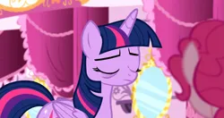 Size: 2051x1080 | Tagged: safe, composite screencap, derpibooru import, edit, edited screencap, screencap, pinkie pie, twilight sparkle, twilight sparkle (alicorn), alicorn, earth pony, pony, do princesses dream of magic sheep, g4, season 5, bags under eyes, carousel boutique, duo, duo female, female, image, indoors, mare, mirror, my little pony, png, upscaled