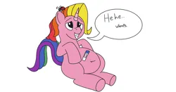 Size: 3999x2100 | Tagged: suggestive, artist:sugar and spice productions, derpibooru import, rarity (g3), insect, ladybug, pony, unicorn, g3, g4, belly, belly button, female, filly, foal, g3 to g4, generation leap, grin, horn, image, implied foalcon, implied underage, multicolored mane, multicolored tail, nervous, nervous grin, no iris, pink fur, png, pregnancy test, pregnant, pregnant foal, simple background, sitting, smiling, tail, talking, white background
