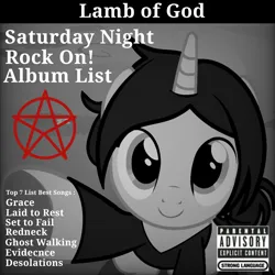 Size: 2048x2048 | Tagged: safe, artist:edy_january, derpibooru import, edit, editor:edy_january, ponified, pony, unicorn, album, album cover, ashley graves, black and white, goth, gothic, grayscale, hooves, horn, image, lamb of god, looking at you, monochrome, pentagram, png, simple background, smiling, solo, text, the coffin of andy and leyley