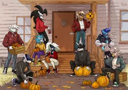 Size: 2560x1810 | Tagged: safe, artist:tkachenko, derpibooru import, oc, oc:dave plumpit, oc:fran, oc:jewel, oc:star, oc:valya, clothes, full body, halloween, holiday, hoodie, image, jacket, jpeg, multiple characters, outdoors, pumpkin, shoes, sneakers