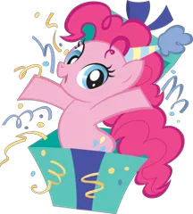 Size: 225x250 | Tagged: safe, derpibooru import, pinkie pie, g4, confetti, female, g4 brand assets, hat, image, party hat, png, present, simple background, solo, transparent background