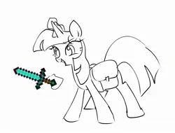 Size: 2111x1604 | Tagged: safe, artist:lilytheflowerl, derpibooru import, twilight sparkle, pony, unicorn, g4, bag, black and white, doodle, female, grayscale, horn, image, jpeg, levitation, magic, mare, minecraft, monochrome, open mouth, open smile, partial color, saddle bag, simple background, smiling, solo, sword, telekinesis, unicorn twilight, weapon, white background