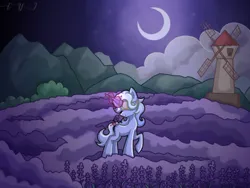 Size: 1000x750 | Tagged: safe, artist:taoyvfei, derpibooru import, lavender lace, oc, oc:seaound none, unofficial characters only, pony, unicorn, g4, cloud, crescent moon, glow, glowing horn, horn, image, magic, moon, mountain, night, outdoors, png, raised hoof, solo, style, windmill