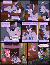 Size: 1042x1347 | Tagged: safe, artist:dendoctor, derpibooru import, doctor whooves, mean twilight sparkle, pinkie pie, twilight sparkle, twilight sparkle (alicorn), alicorn, earth pony, pegasus, pony, comic:clone.., g4, alternate universe, clone, clothes, comic, image, jpeg, pinkie clone