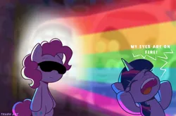 Size: 2048x1351 | Tagged: safe, artist:trash art, derpibooru import, pinkie pie, twilight sparkle, twilight sparkle (alicorn), alicorn, earth pony, pony, g4, duo, duo female, eyes closed, female, gravity falls, image, jpeg, mare, meme, my eyes, open mouth, parody, pride month, rainbow, sunglasses