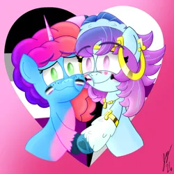 Size: 2048x2048 | Tagged: safe, artist:jesslmc16, derpibooru import, misty brightdawn, odessa evensong, cyborg, cyborg pony, earth pony, pony, unicorn, g5, asexual pride flag, clothes, demisexual pride flag, duo, duo female, ear piercing, earring, female, freckles, gradient background, headband, heart, heart freckles, horn, image, jewelry, leg warmers, legwear, lesbian, looking at you, mare, necklace, piercing, png, pride, pride flag, pride month, ship:odessty, shipping, smiling