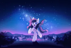 Size: 2928x1968 | Tagged: safe, artist:ksoreek, derpibooru import, oc, oc:midnight blaze, unofficial characters only, bat pony, amulet, bat pony oc, chaos star, city, commissioner:sfaccountant, eye scar, facial scar, female, flying, image, jewelry, night, night sky, png, scar, sky, solo, stars, two toned mane
