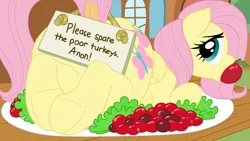 Size: 3840x2160 | Tagged: suggestive, artist:pusspuss, artist:spookitty, artist:studiowhy, derpibooru import, fluttershy, pegasus, pony, g4, apple in mouth, berry, butt, dock, female, flutterbutt, fluttershy's cottage, food, holiday, image, implied anon, implied vaginal secretions, indoors, looking at you, looking back, looking back at you, lying down, mare, plate, plot, png, prone, sign, solo, solo female, table, tail, thanksgiving, underhoof, window