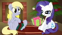 Size: 3840x2160 | Tagged: safe, artist:pusspuss, artist:spookitty, artist:studiowhy, derpibooru import, derpy hooves, rarity, pegasus, pony, unicorn, g4, christmas, christmas tree, duo, duo female, female, fireplace, holiday, horn, image, lidded eyes, looking at something, magic, mare, png, present, rug, sitting, smiling, telekinesis, tree, underhoof