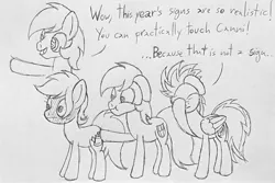 Size: 1800x1200 | Tagged: safe, artist:datspaniard, derpibooru import, oc, oc:canni soda, oc:hurrcio, oc:thunderled, unofficial characters only, earth pony, pegasus, pony, galacon, blushing, confused, facepalm, female, floppy ears, image, jpeg, male, mare, simple background, sketch, smiling, speech bubble, stallion, standing, text, traditional art, transparent background, trio