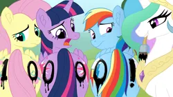Size: 3840x2160 | Tagged: suggestive, artist:pusspuss, artist:spookitty, artist:studiowhy, derpibooru import, fluttershy, princess celestia, rainbow dash, twilight sparkle, twilight sparkle (alicorn), alicorn, pegasus, pony, g4, butt, crown, eyebrows, female, flutterbutt, follower count, frown, image, jewelry, lidded eyes, looking back, looking down, mare, mouth hold, paint, paintbrush, peytral, plot, png, pony waifu sim, rainbutt dash, raised eyebrow, regalia, smiling, twibutt