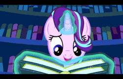 Size: 420x270 | Tagged: safe, derpibooru import, starlight glimmer, pony, unicorn, every little thing she does, g4, season 6, animated, book, bookshelf, confident, evil starlight, explosion, female, fiducia compellia, flashbang, gif, gleeful, glow, glowing horn, happy, horn, image, indoors, letterboxing, levitation, library, magic, magic aura, magic orb, mare, my little pony, spell, spellbook, telekinesis