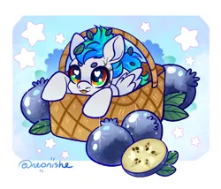 Size: 3500x3000 | Tagged: safe, artist:neonishe, derpibooru import, oc, unofficial characters only, pegasus, pony, basket, berry, blueberry, chibi, cute, food, image, looking at you, png, solo, tongue out