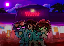 Size: 1200x870 | Tagged: safe, artist:wishingscarf, derpibooru import, oc, oc:mulehead, oc:wish fulfillment, oc:wocks, unofficial characters only, bipedal, building, clothes, cloud, grin, image, jpeg, moon, night, open mouth, open smile, outdoors, palm tree, shirt, smiling, tree, trio