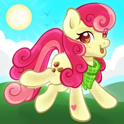 Size: 2400x2400 | Tagged: safe, artist:sparkytopia, derpibooru import, apple bumpkin, bird, earth pony, pony, g4, 2026, apple family member, background pony, bandana, cloud, day, eye clipping through hair, female, freckles, heart, heart mark, hill, image, looking at you, mare, open mouth, open smile, orange eyes, outdoors, png, red hair, red mane, red tail, signature, smiling, solo, sun, tail, walking, wingding eyes, yellow coat
